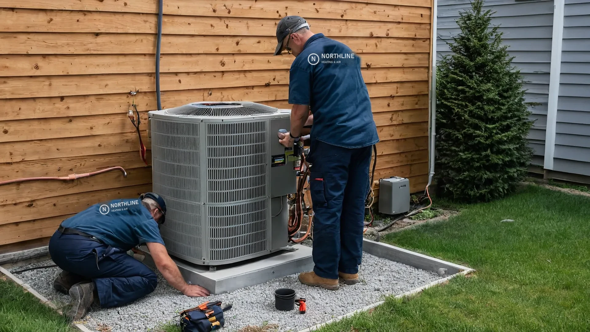 Two technicians in Northline shirts installing an outdoor unit beside a house