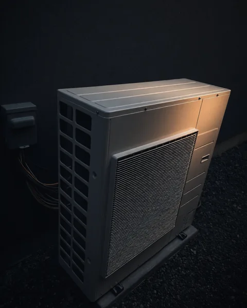 Samsung heat pump against a stucco wall