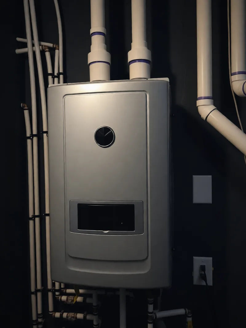 Rheem tankless water heater on a wood wall