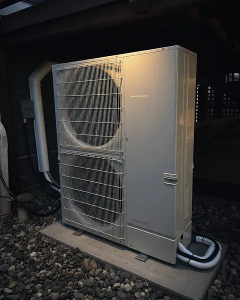 Mitsubishi heat pump on a stone bed