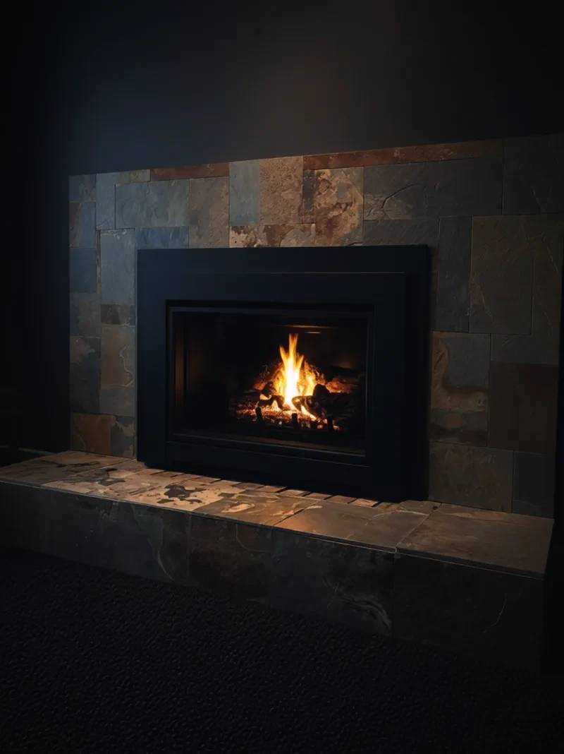 A gas fireplace insert in slate