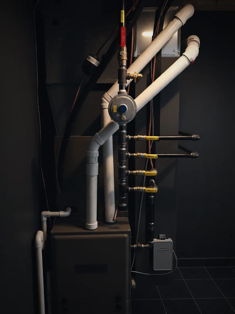 A furnace with new gas and vent piping