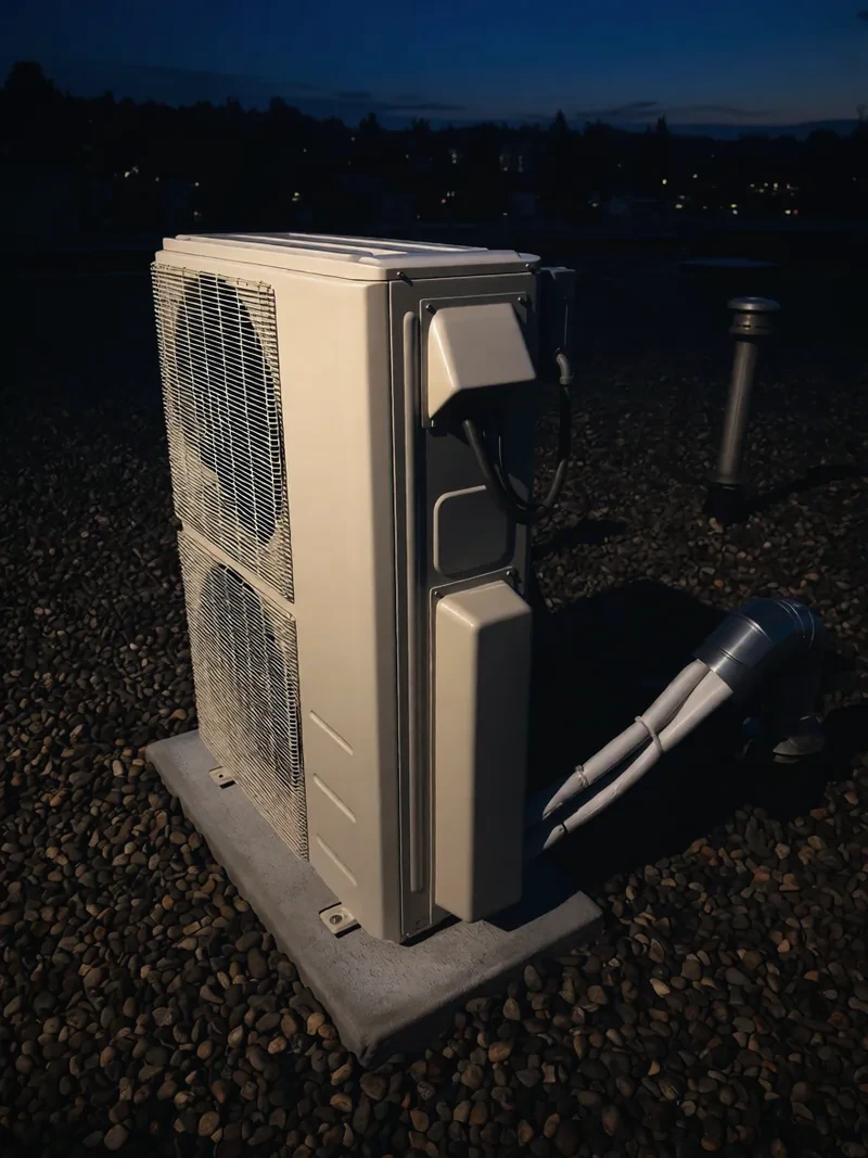 A heat pump on a flat roof