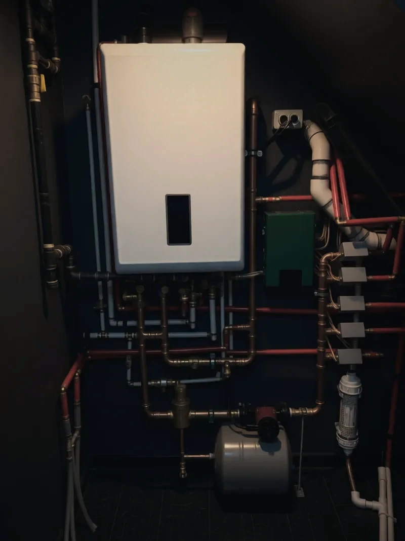 A wall-hung water heater with new copper piping