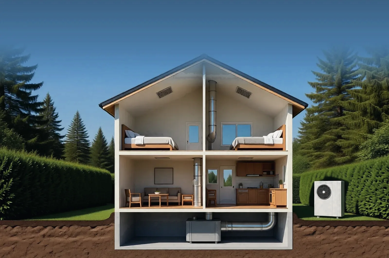 A house cut open in summer, cool air from the heat pump to every room
