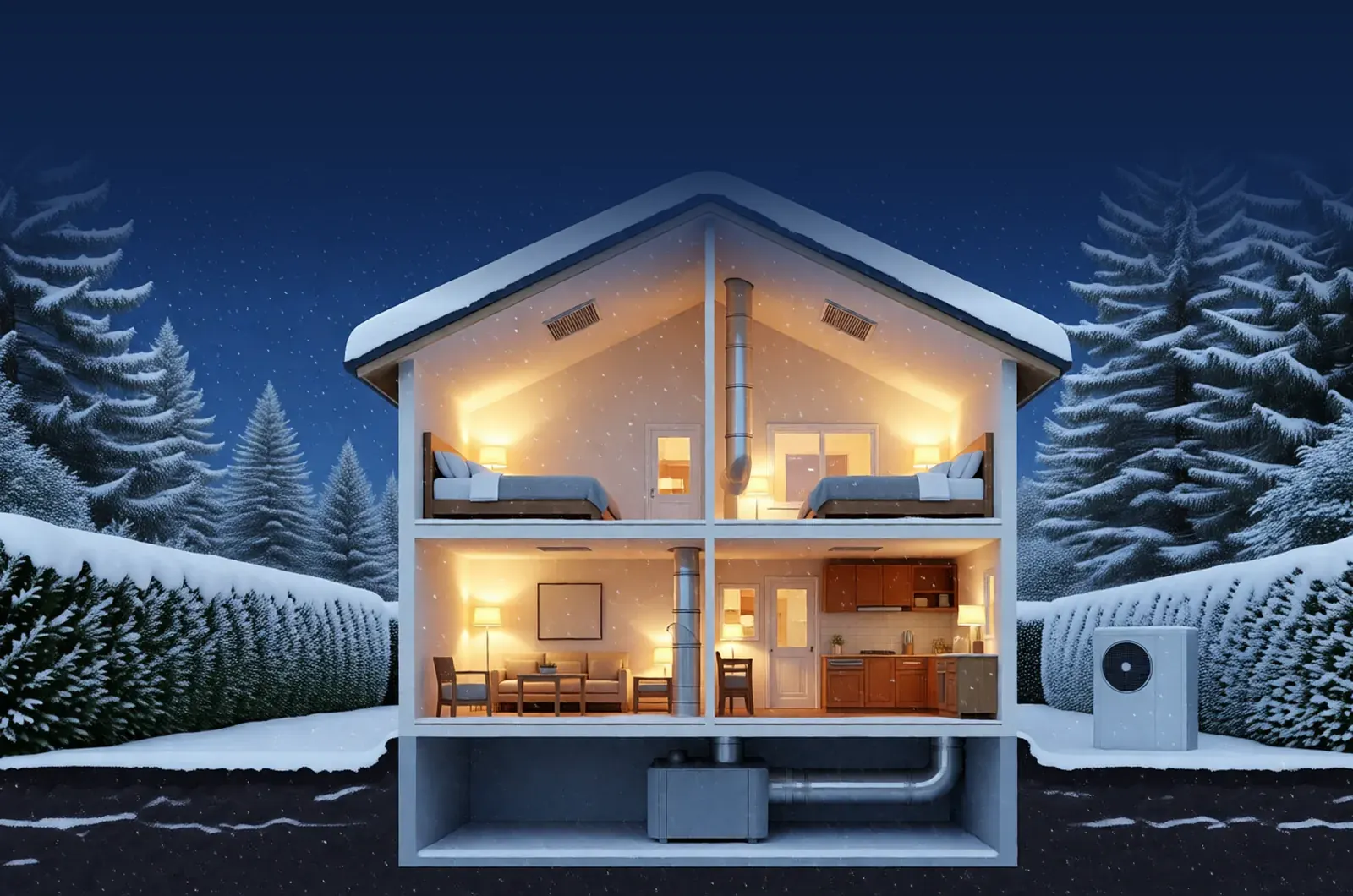The same house on a snowy night, warm air from the furnace to every room