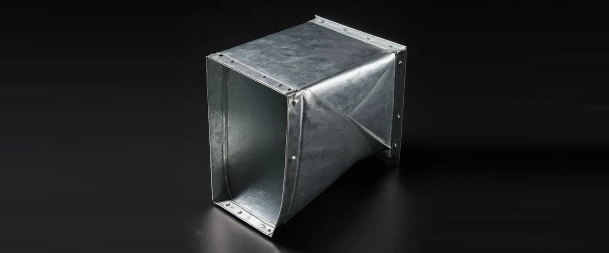 A sheet metal duct fitting, made in the shop