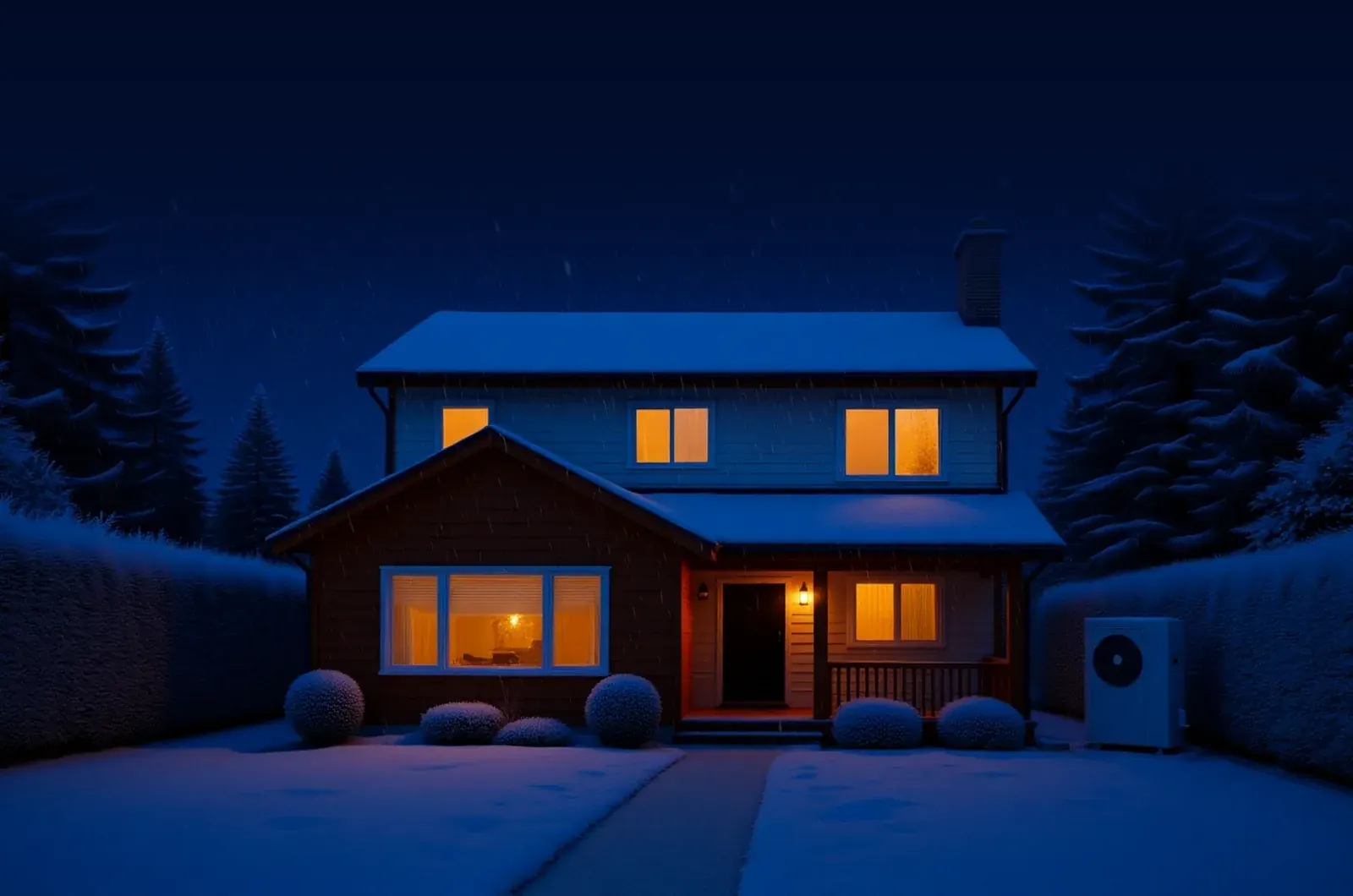 A house on a snowy night, a heat pump beside it