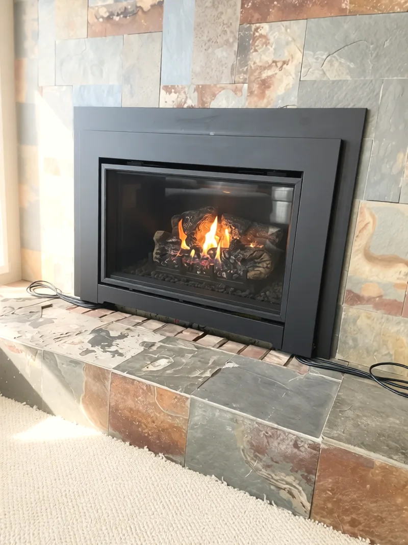 Gas fireplace insert in slate